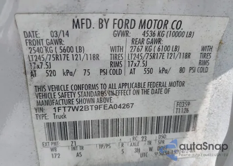 2015 Ford F-250 Xl from USA, damaged, VIN 1FT7W2BT9FEA04267